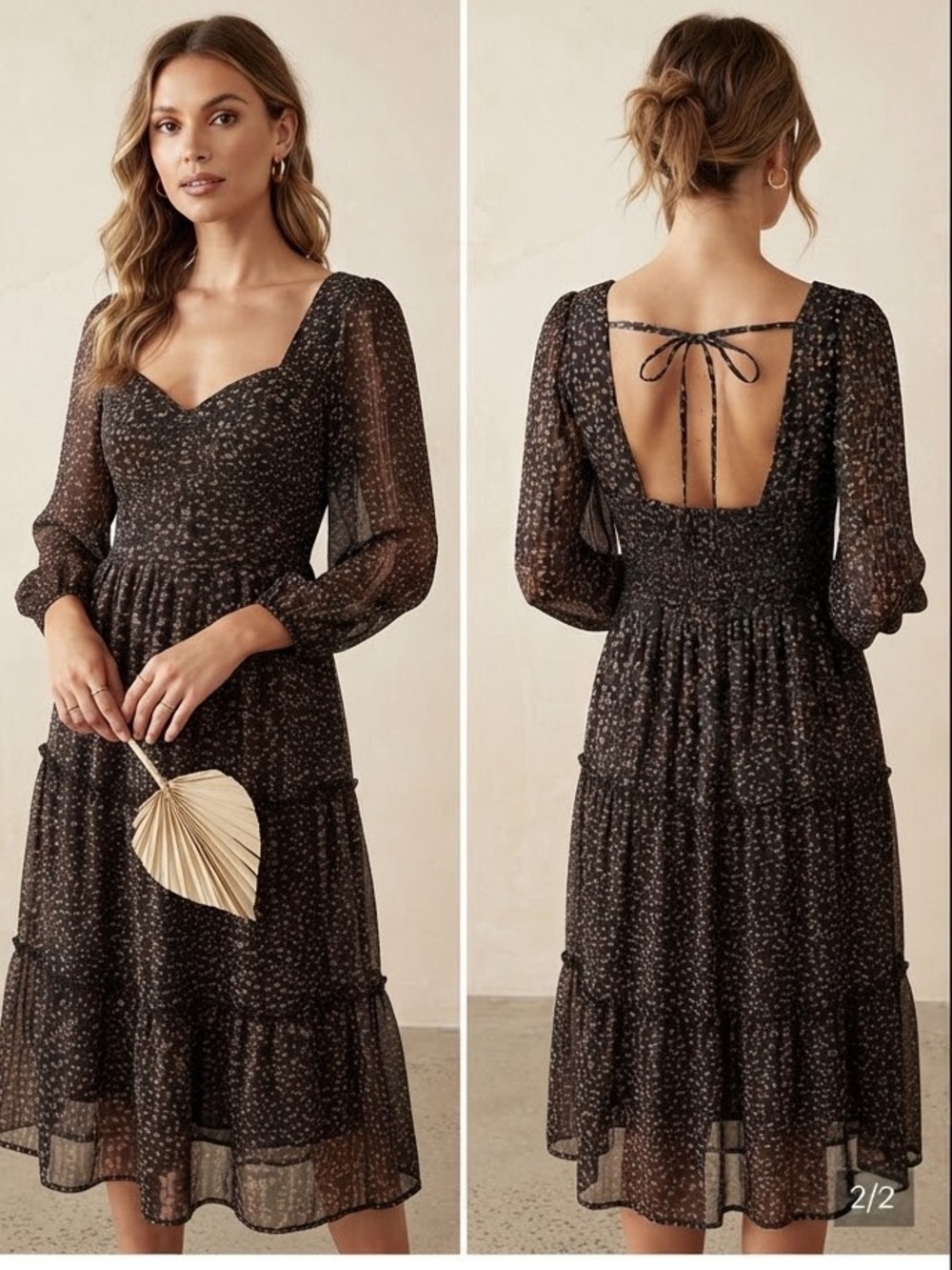 Japna Brown  Floral Tiered Midi Dress with Puff Sleeves